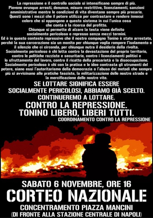 Corteo nazionale contro la repressione – sabato 6 novembre 2010 – ore 16.00 – piazza Mancini (Napoli)
